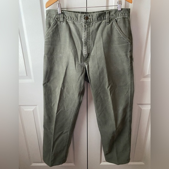 VINTAGE carhartt Moss Green Duck Canvas Loose Fit Utility Carpenter Pants SZ 38 - Picture 1 of 9